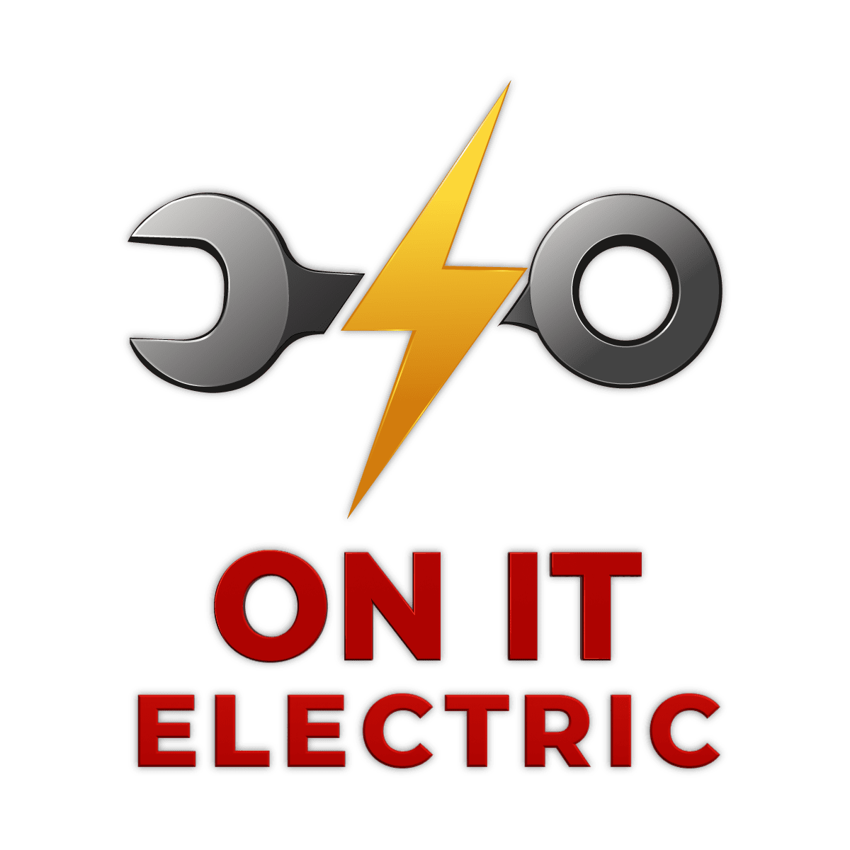 Logo with a yellow lightning bolt between a wrench, above the words ON IT ELECTRIC in bold red letters on a black background.