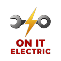 A wrench with a yellow lightning bolt in the center above the words ON IT ELECTRIC in bold red letters on a black background.