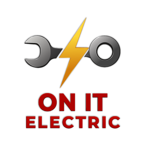 A wrench with a yellow lightning bolt in the center above the words ON IT ELECTRIC in bold red letters on a black background.